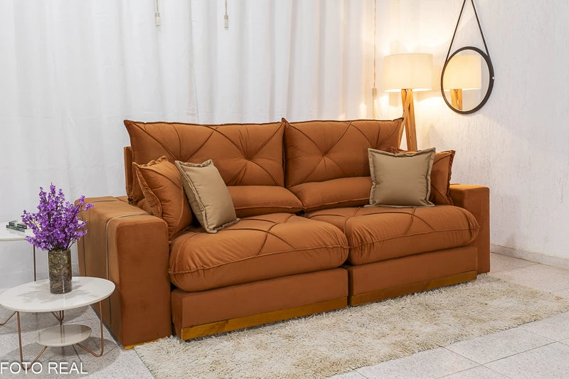 Sofá Retrátil Reclinável 2.30m Gran Bello Veludo Terracota - D33 e Molas Ensacadas