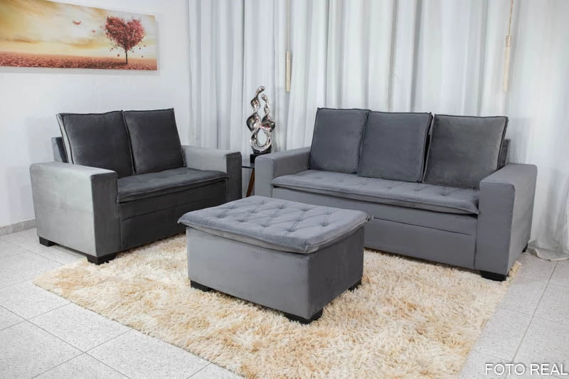 Sofá 3 e 2 lugares França com Puff Veludo Cinza A15 - Móveis furniture