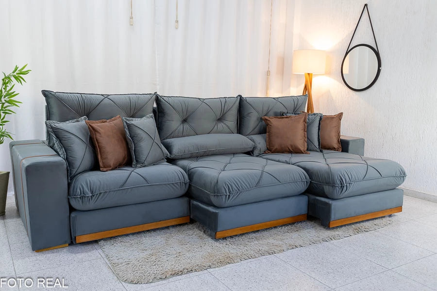 Sofá Retrátil Reclinável Gran Bello 3.20m Veludo Cinza - D33 e Molas Ensacadas