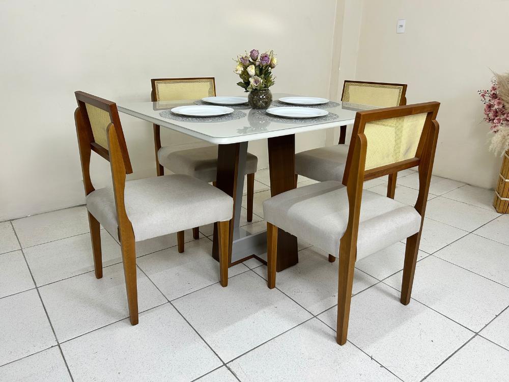 Mesa de Jantar Laís 1.15×0.94 com 4 Cadeiras Grécia – Cinamomo/Off White