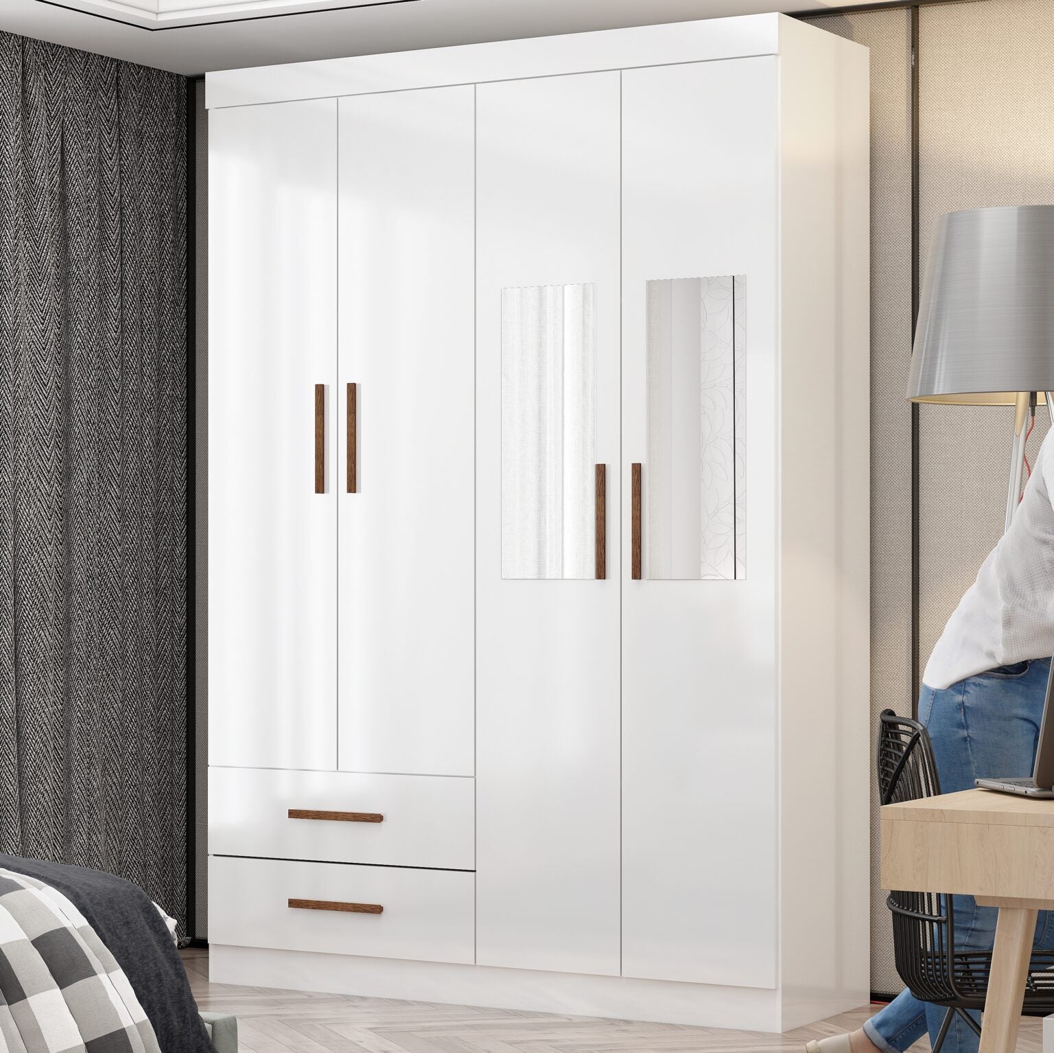 Guarda-Roupa Hércules c/ espelho 4 portas e 2 gavetas – Branco - Móveis furniture