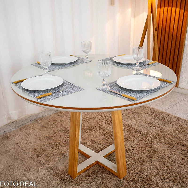 Mesa de Jantar Atlanta Tampo Redondo Vidro Off 120x120 Cinamomo/Off 100% MDF - Minas Plac