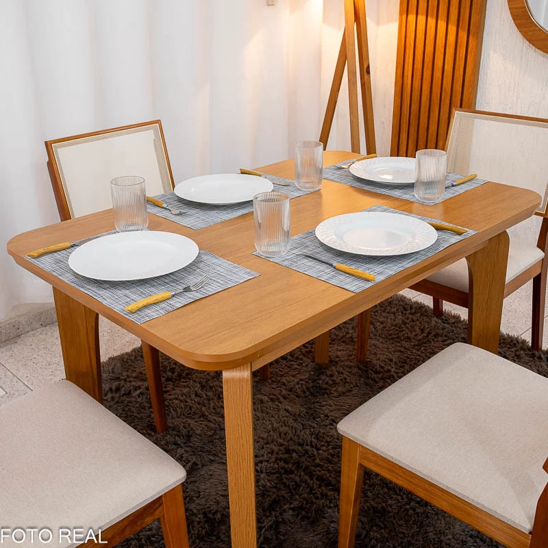 Mesa de Jantar Londrina 120x80 Cinamomo Rufato + 4 Cad. Dubai Linho Bege Madeira - Art Assento