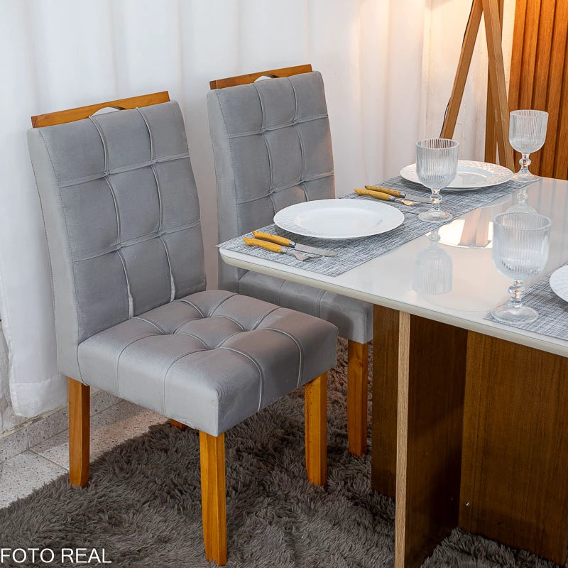 Mesa de Jantar Moscou 90x90 Cinamomo/Off Tampo Vidro Off 4 Cadeiras Londres Veludo Prata Madeira Maciça Minas Plac -