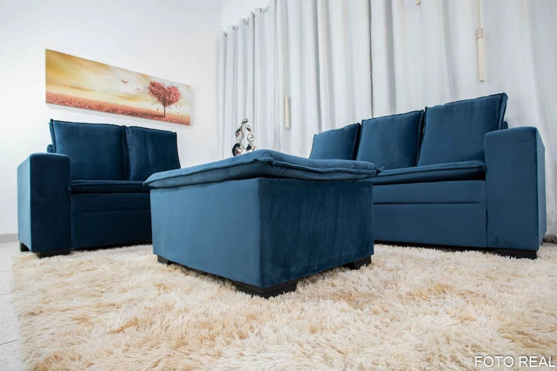 Sofá 3 e 2 lugares França com Puff Veludo Azul A16 - Móveis furniture