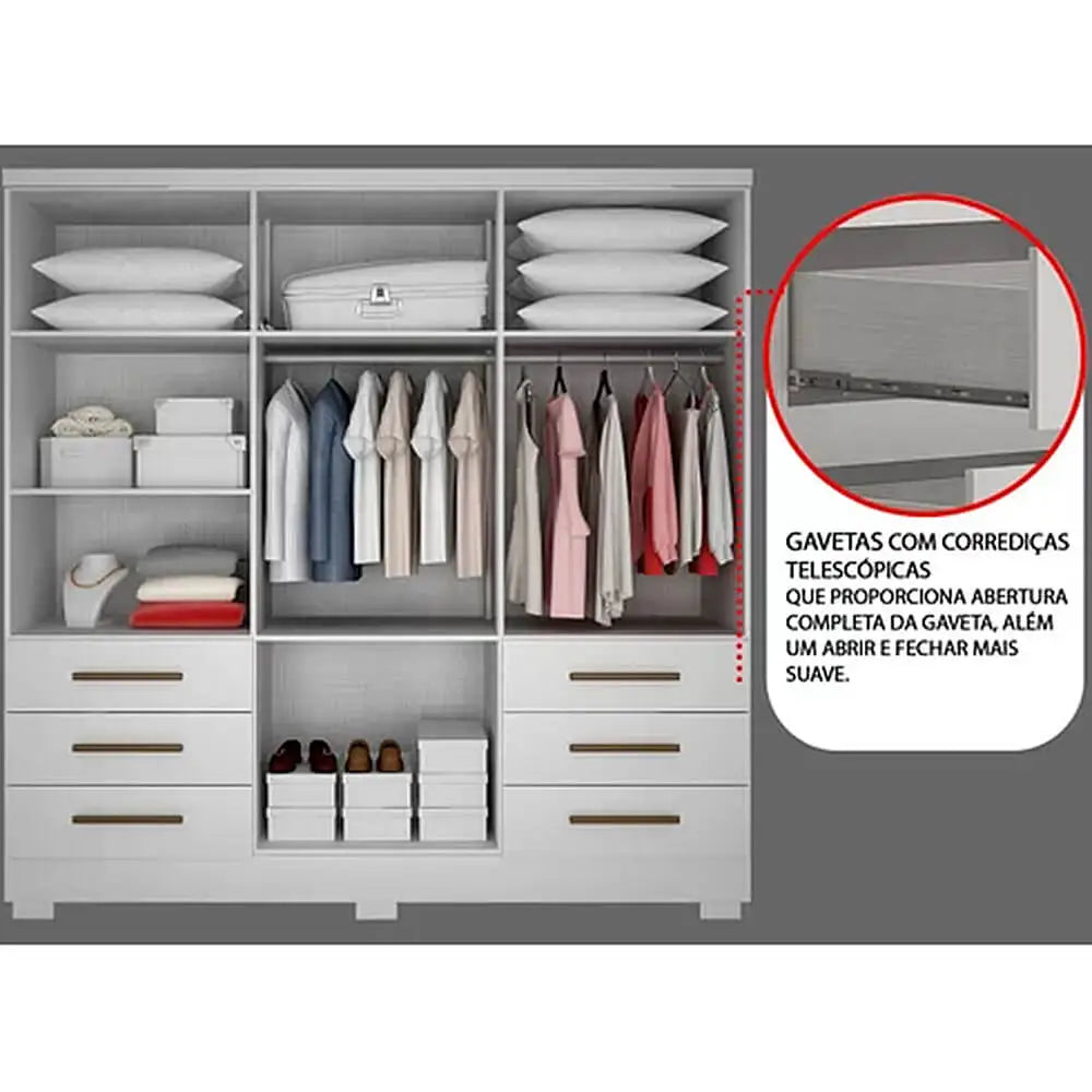 Guarda Roupa Encant Com Espelho Casal 6 Portas 6 Gavetas Novo Horizonte BRANCO