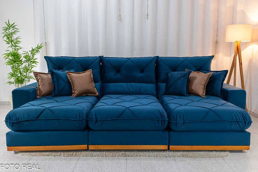 Sofá Retrátil Reclinável Gran Bello 3.20m Veludo Azul - D33 e Molas Ensacadas