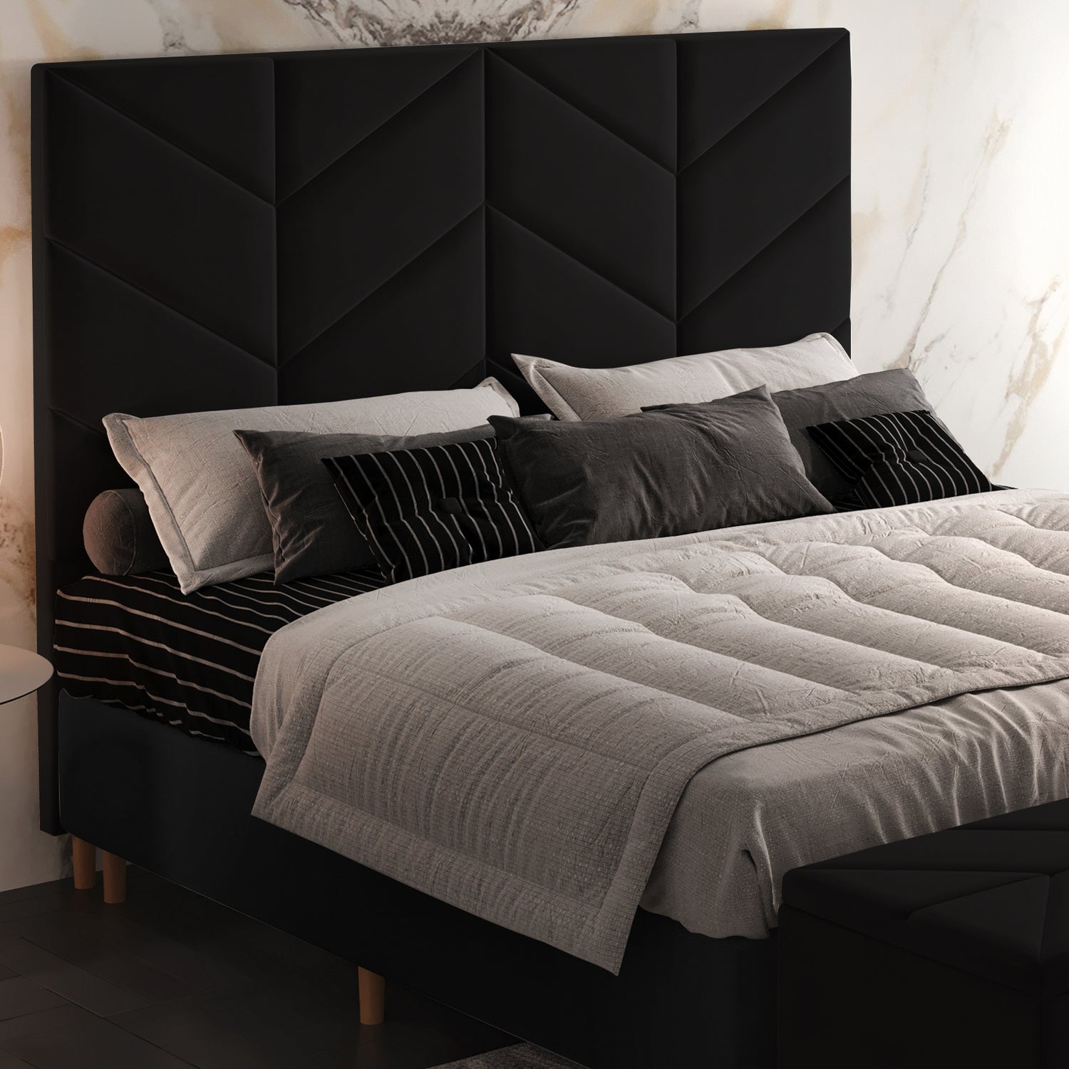 Cabeceira Casal Berlim Veludo Preto B013 – LARMÓVEIS/TREVO ESTOFADOS