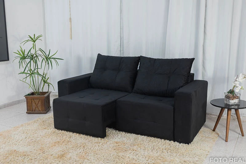 Sofá Retrátil 3 Lugares Havaí Larg. 1.80m Veludinho Preto 17 - Móveis furniture