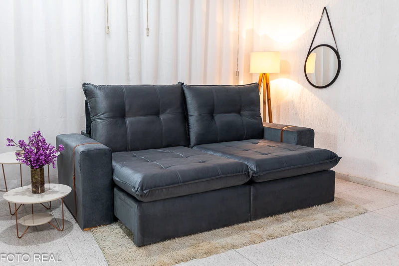 Sofá Retrátil Reclinável 2.50m Santiago Veludo Cinza 526 - Molas Ensacadas