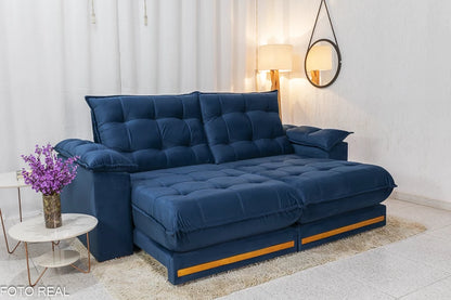 Sofá Retrátil Reclinável Barcelona 2.30m Veludo Azul - D33 e Molas Ensacadas