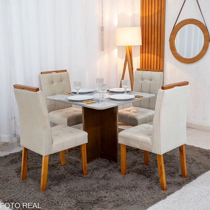 Mesa de Jantar Moscou 90x90 Cinamomo/Off Tampo Vidro Off 4 Cadeiras Londres Veludo Avelã Madeira Maciça Minas Plac -