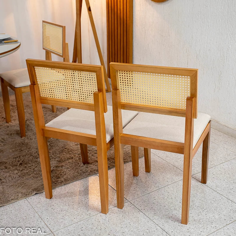2 Cadeiras Santorini Linho Bege Madeira Maciça - Minas Plac
