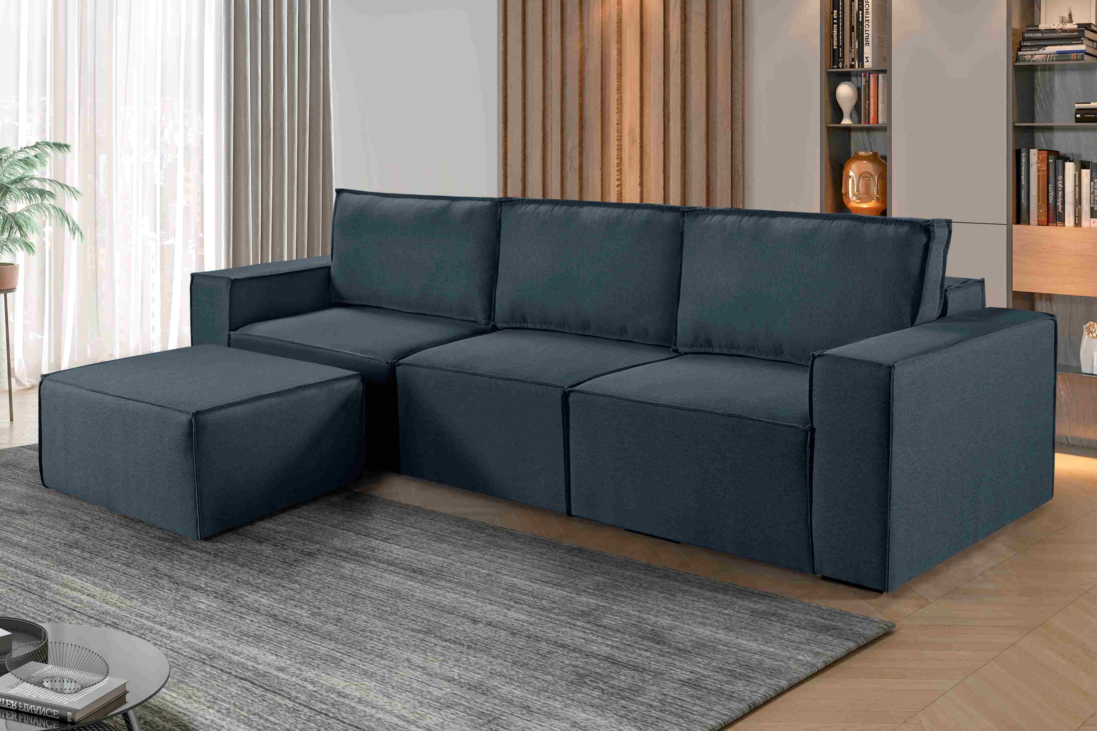 Estofado Domino 320 3x90 mais Braco 25 e Puff 90 Linho Azul Idealle - Móveis furniture