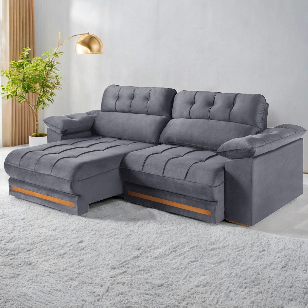 Sofá Retrátil e Reclinável Arezzo Comfort 2,50 m Veludo Cinza Grafite – SINGULAR ESTOFADOS