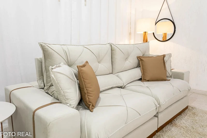 Sofá Retrátil Reclinável Gran Bello 2.00m Veludo Bege - D33 e Molas Ensacadas