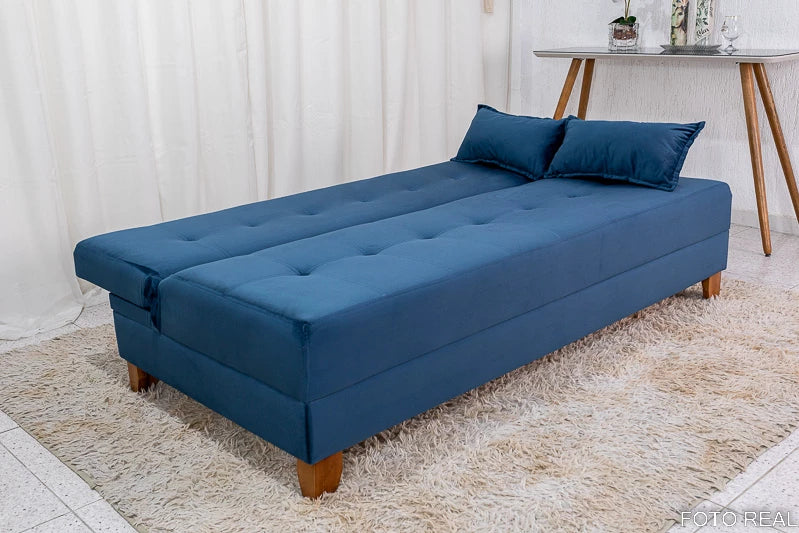 Sofá 4 lugares e Sofá Cama Casal Arpoador Veludo Azul - Móveis furniture