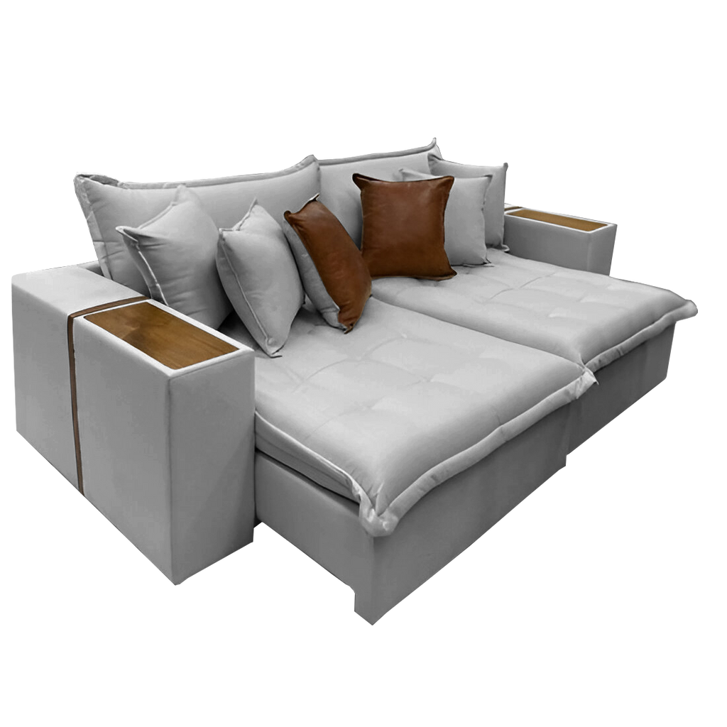 Sofá Cama Tebas 2,32 m Linho Gelo 07/Corino Dallas 07 – INNOVE ESTOFADOS