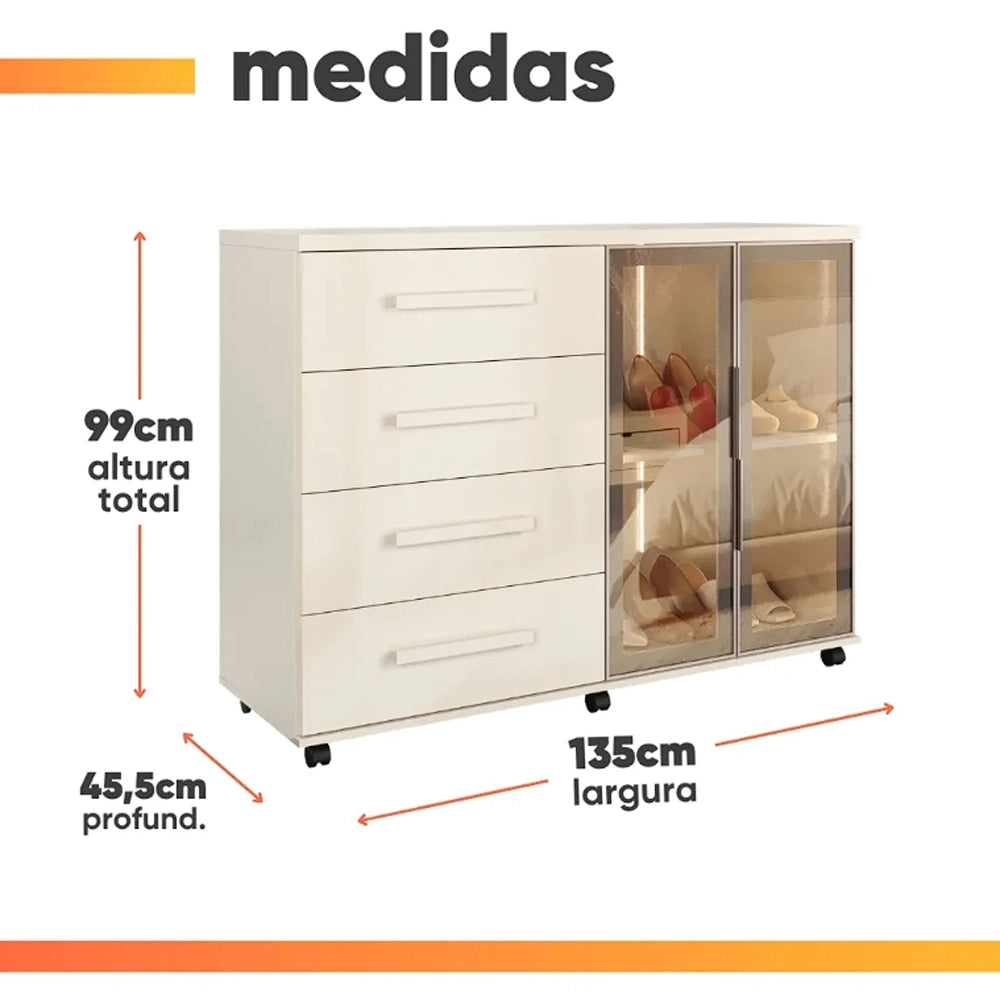 Cômoda Sapateira Lady com Led 4 Gavetas 2 Portas Reflecta J e a