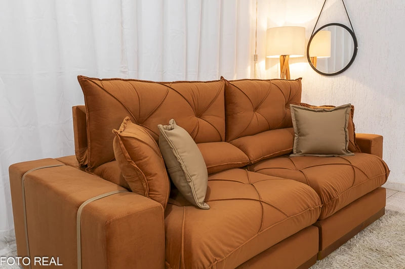 Sofá Retrátil Reclinável 2.30m Gran Bello Veludo Terracota - D33 e Molas Ensacadas