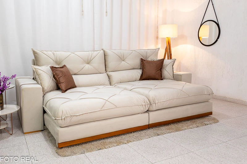 Sofá Retrátil Reclinável Gran Bello Veludo Bege Larg. 2.90m - D33 e Molas Ensacadas