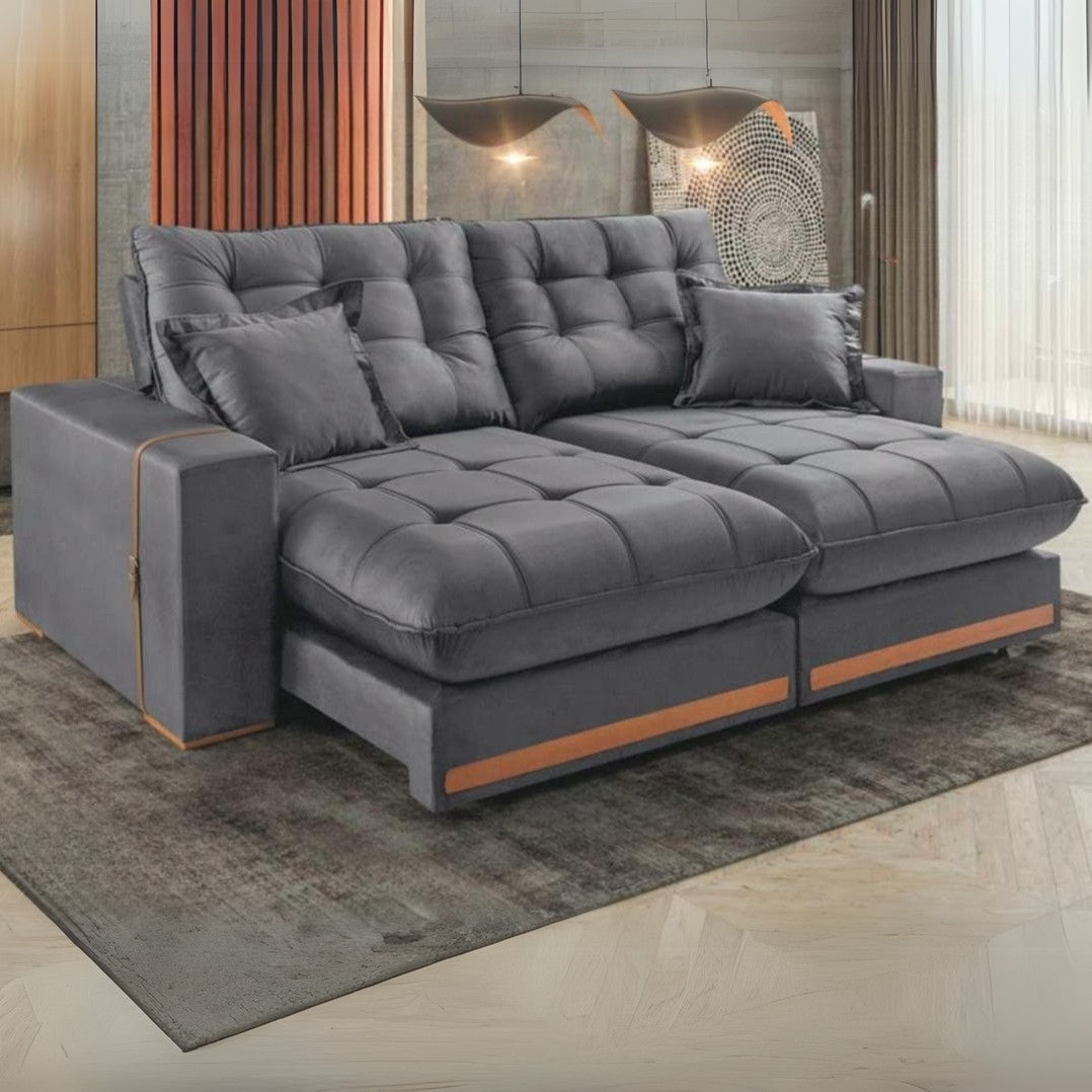 Sofá Retrátil e Reclinável Ártemis 017 2,50 m Veludo Cinza Grafite – VICAM ESTOFADOS