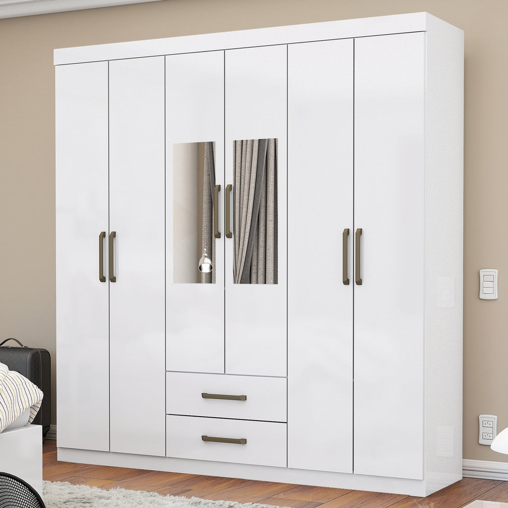 Guarda-Roupa 6 Portas(Com Espelho/Sem Pés)Áries Branco – CARIOCA MÓVEIS