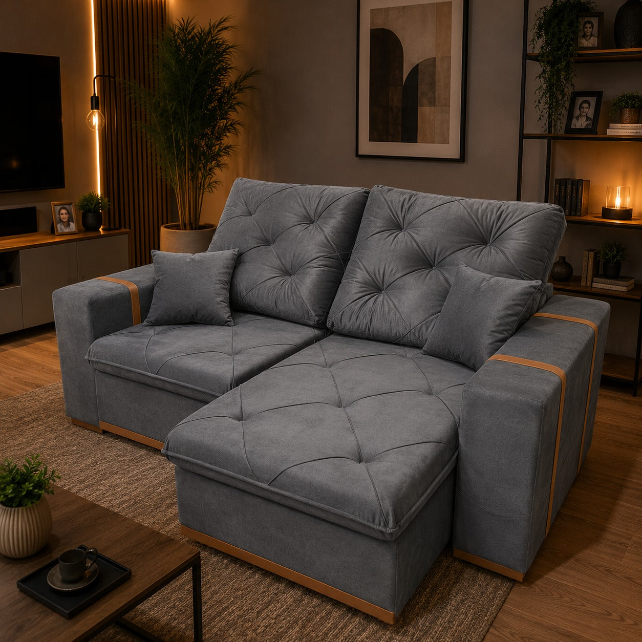 Sofá Retrátil e Reclinável MJ126/Gran Bello 2,20 m Veludo Cinza – MAJESTOSO ESTOFADOS