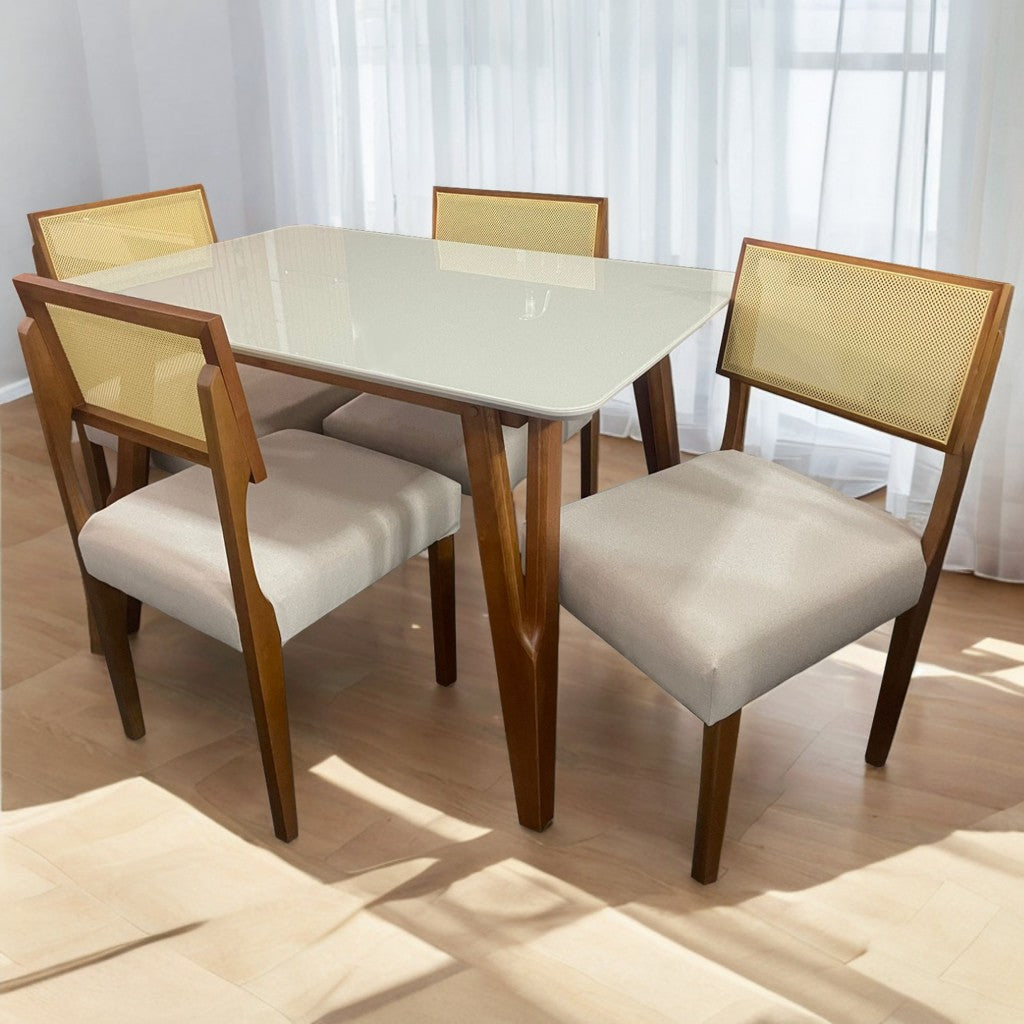 Mesa Siena 120 Mel/Off White com 4 Cadeiras Grécia Mel/Linho Bege – ART ASSENTOS + HR MOVELARIA