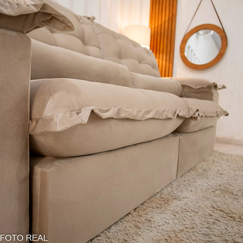 Sofá Retrátil Reclinável Maldivas 2.50m Veludo Bege A32 - D28 Pró Aditivada