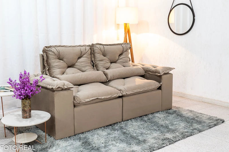 Sofá Retrátil Reclinável 2.00m Texas Veludo Bege - Móveis furniture