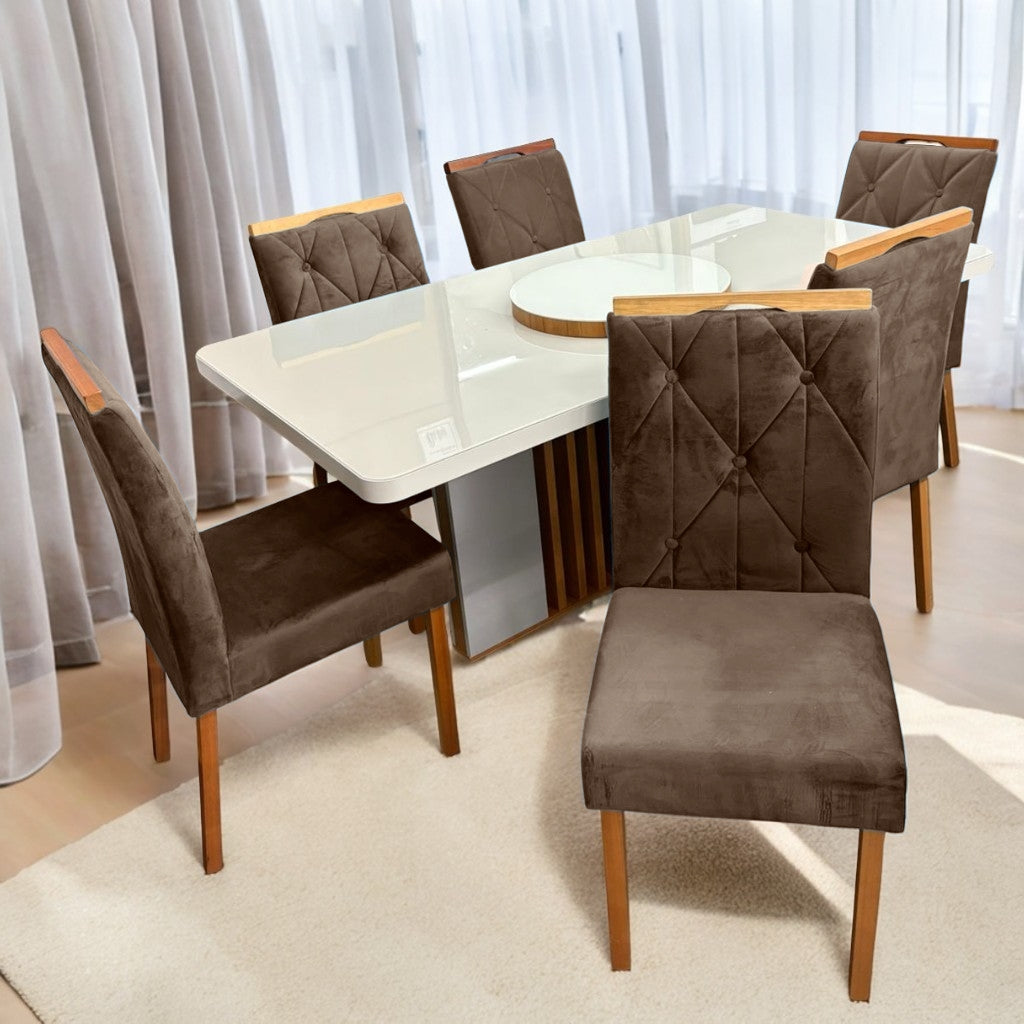 Mesa Astrid (Tampo Maxi) 170 Amêndoa Clean/Off White com 6 Cadeiras Yasmim Veludo Marrom – LOPAS + KM DECOR