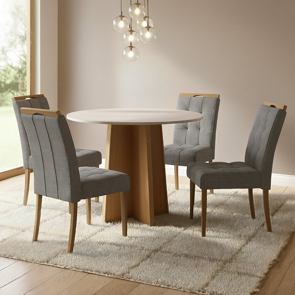 Mesa Redonda Celebrare 100 Amêndoa Clean/Off White com 4 Cadeiras Sophia Linho Cinza Grafite 202 – LOPAS + WM DECOR