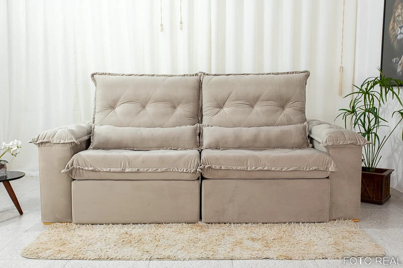 Sofá Retrátil Reclinável Califórnia Veludo Bege 525 Larg. 2.50m - D28 Hiper soft