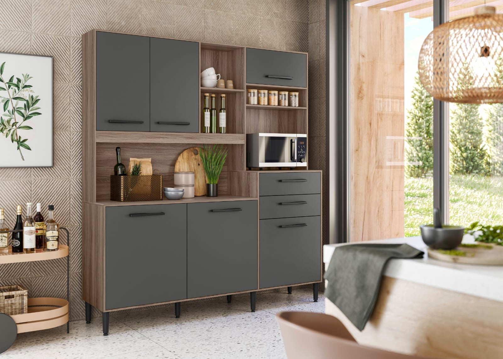 Kit Cozinha Salsa 6P2G Carvalho Nature.Chumbo Niciole - Móveis furniture