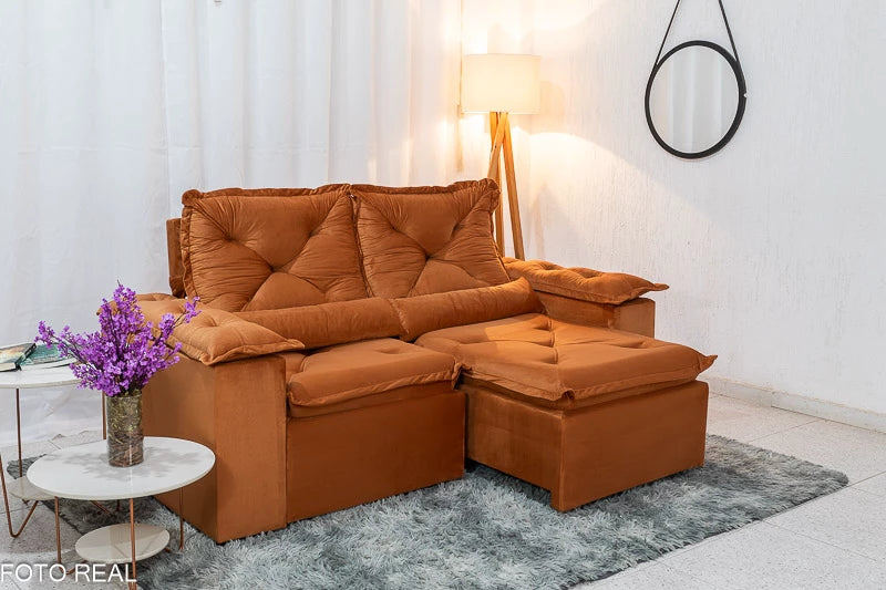 Sofá Retrátil Reclinável 2.00m Texas Veludo Terracota - Móveis furniture
