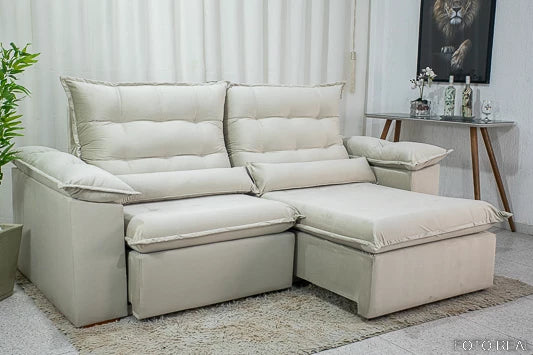 Sofá Retrátil Reclinável 2.90mEmanuelly Veludo Bege - Móveis furniture