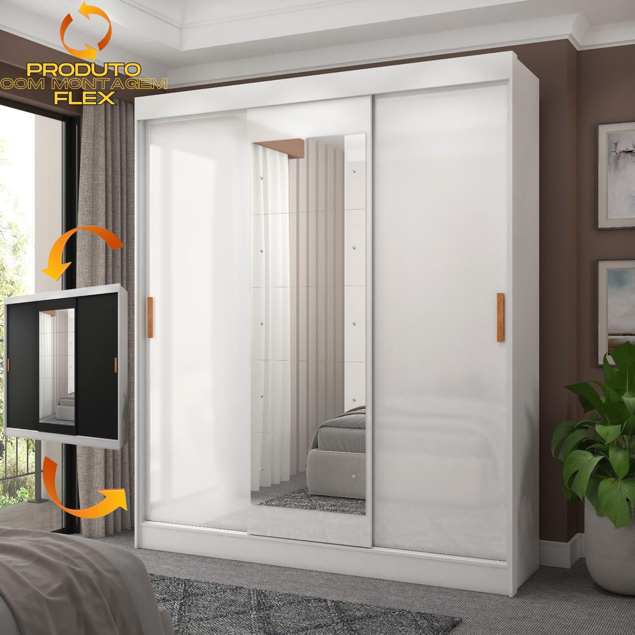 Guarda-Roupa 3 Portas (com espelho) Capri 1,70 m Branco/Preto/Branco – FELLICCI