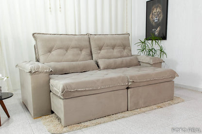 Sofá Retrátil Reclinável Califórnia Veludo Bege 525 Larg. 2.50m - D28 Hiper soft