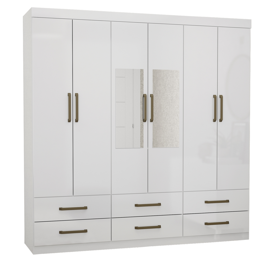 Guarda-Roupa 6 Portas(Com Espelho/Sem Pés)Dallas 1,53 m Branco – CARIOCA MÓVEIS