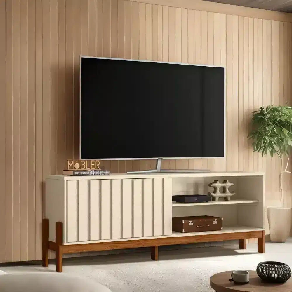 RACK NEW AURORA 1.88 PARA TV ATÉ 75 POLEGADAS C / PORTA RIPADA DE CORRER – MOBLER PÉROLA METALIZADO/ CINAMOMO