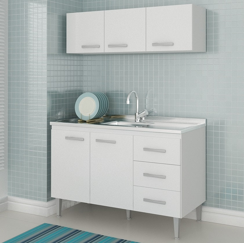 Armário Aéreo 3 portas Ipanema + Balcão(Sem Tampo)para Pia Copacabana Branco – FELLICCI - Móveis furniture