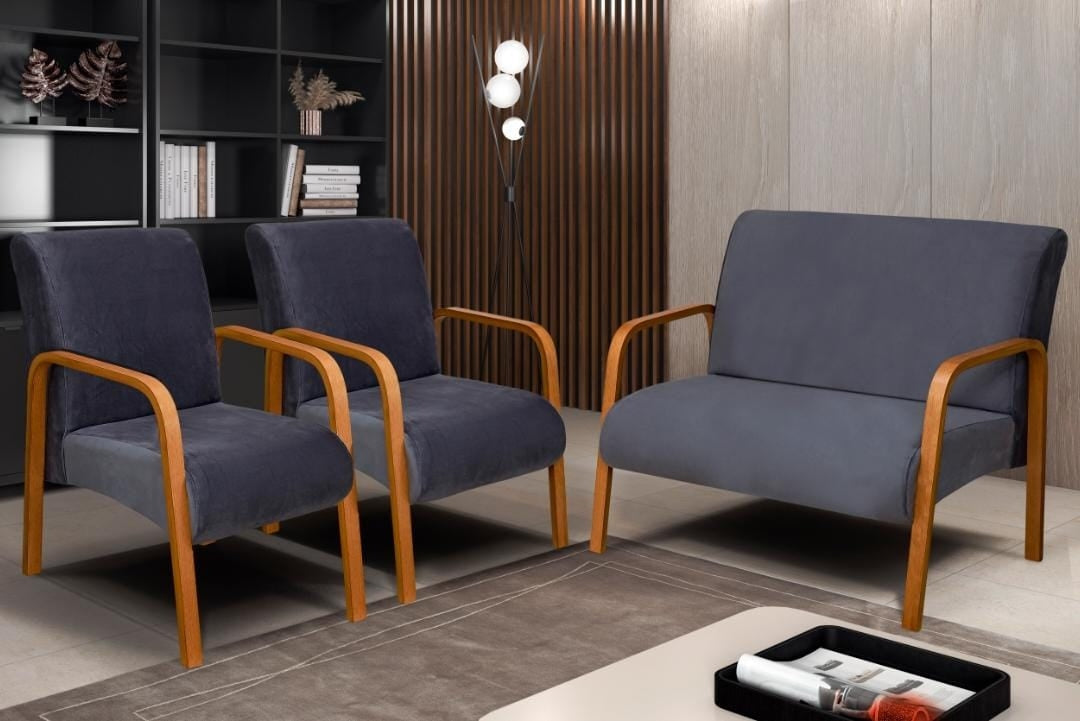 Conjunto de Poltronas Araxa 3Pcs 2.1.1Lgs Veludo Inca Cinza 10 Bem Estar Estofados