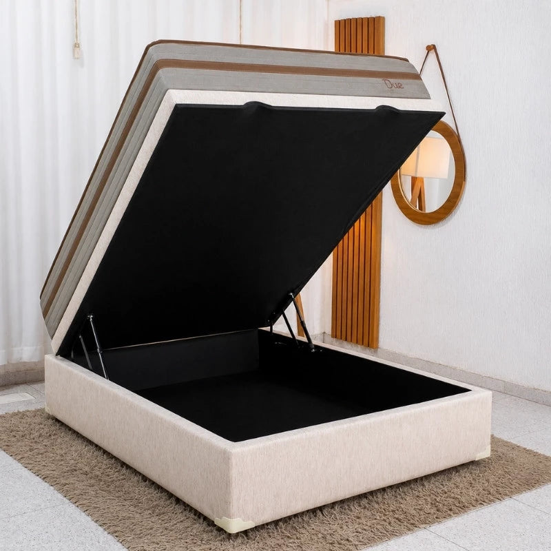 Colchão Casal Due Molas Ensacadas - Viero + Base Box Baú Casal Prime Confort Corino Palha Blindado - Issacar 138x188x71 | Suporta até 240kg