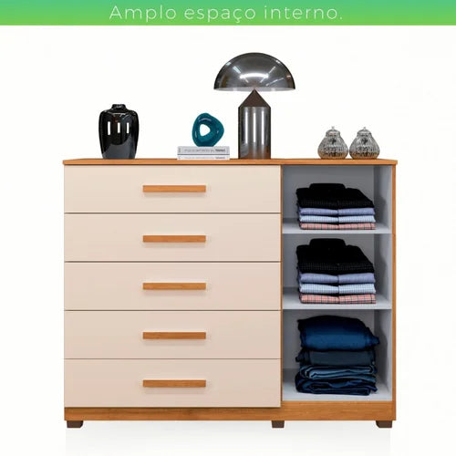 Cômoda 5 Gavetas 1 Porta 122cm Paris Cinamomo/Off-White - Móveis furniture