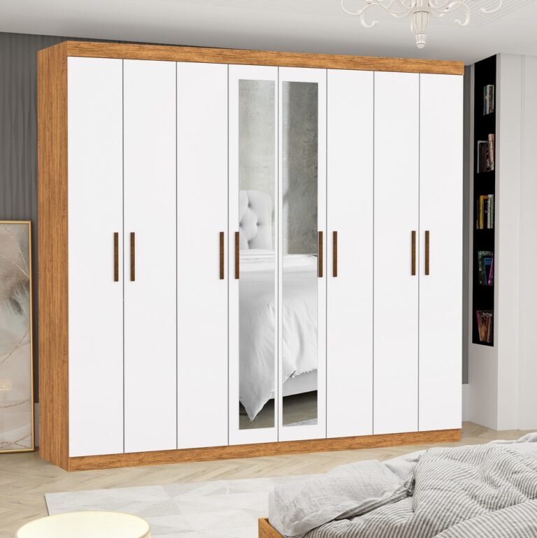 Guarda-Roupa 8 Portas Rubi 2,08 m(Com Espelho)Cinamono/Branco – CARIOCA MÓVEIS