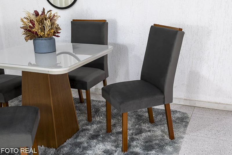 Mesa Jantar Luna Imbuia Tampo Vidro Off Canto Copo 90×90 4 Cadeiras Lunara Veludo Grafite Madeira Maciça Rufato - Móveis furniture