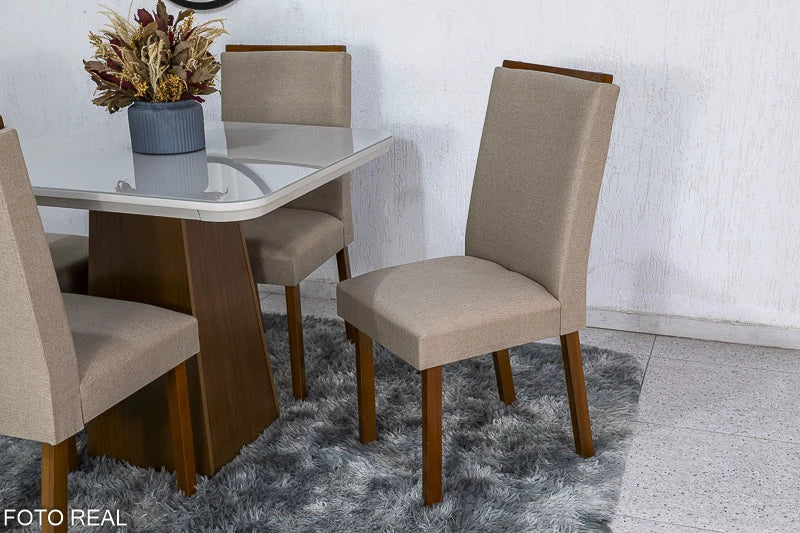 Mesa Jantar Luna Imbuia Tampo Vidro Off Canto Copo 90×90 4 Cadeiras Lunara Linho Bege 07 Madeira Maciça Rufato - Móveis furniture