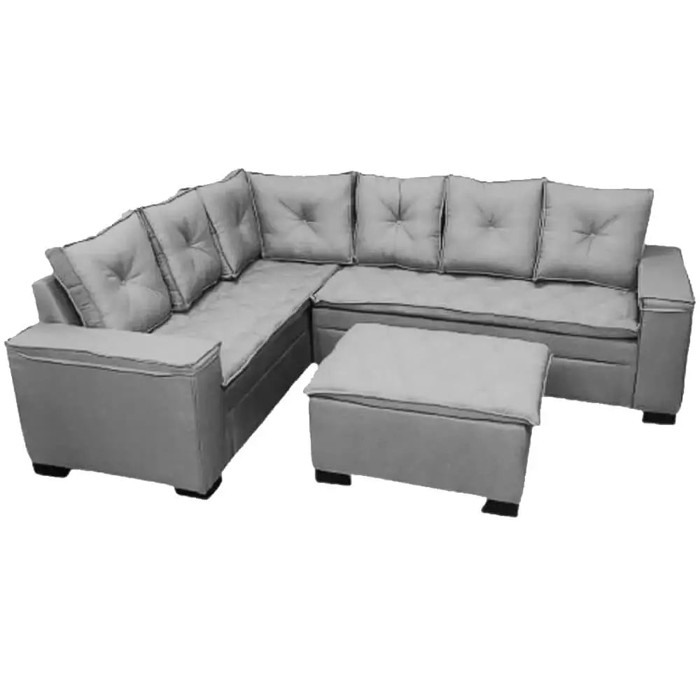 Sofá de Canto Florença 6 Lugares com Puff e Almofadas Soltas Tecido Linho União