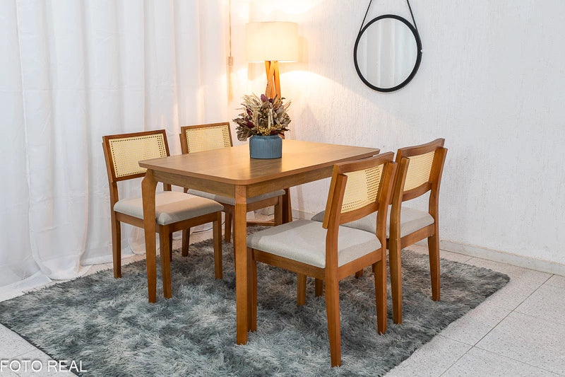 Mesa de Jantar Alegra Tampo Cinamomo 120×80 4 Cadeiras Jade Linho Bege 29011 JCM Madeira Maciça - Móveis furniture